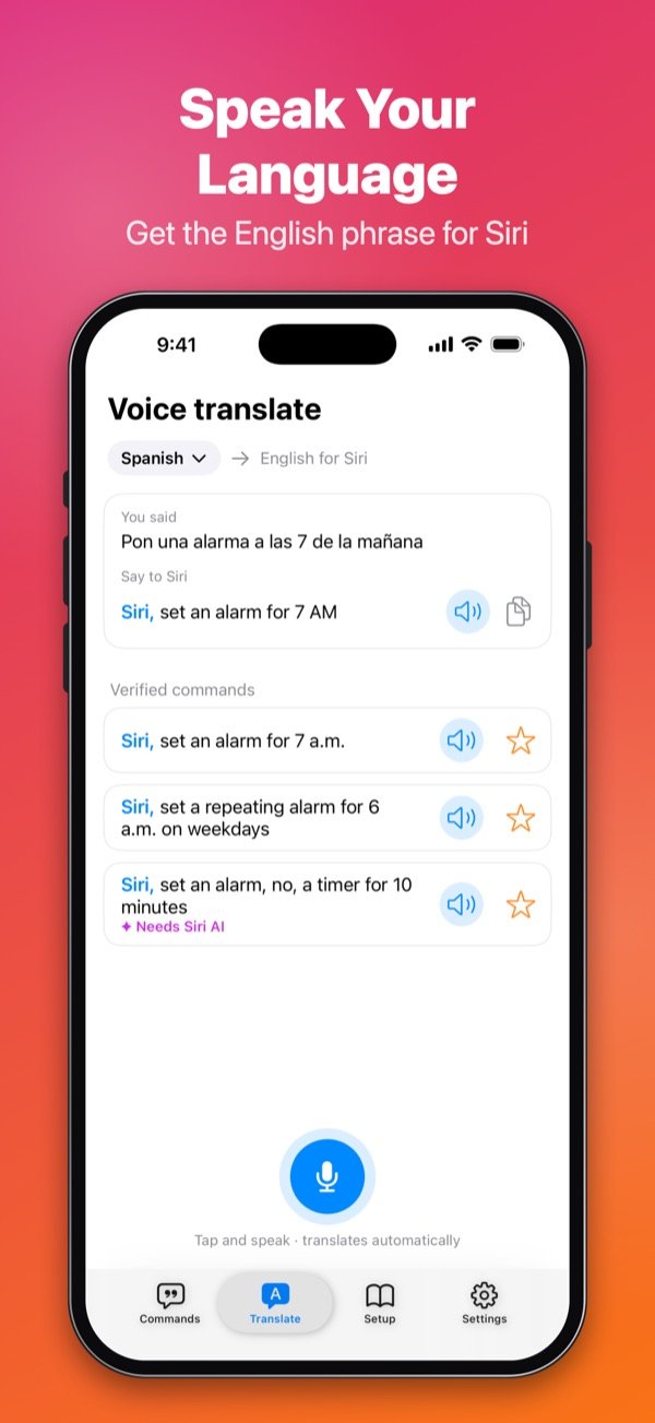 Voice translation into an English Siri command