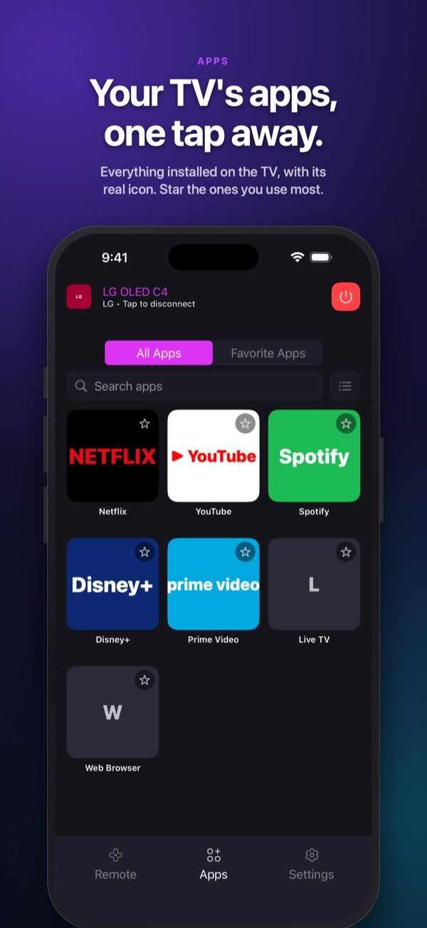 The apps installed on the TV, each with its icon, and a favourites tab