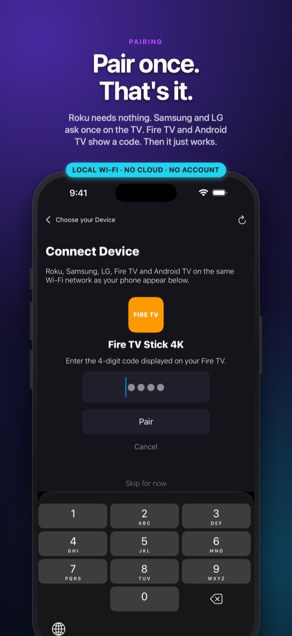 Pair once: Roku needs nothing, Samsung and LG ask once, Fire TV and Android TV show a code